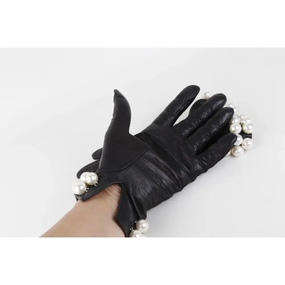 Tally B. Vintage Black Leather Triple Pearl Bead Fringe Gloves Silk Lined Size 8
